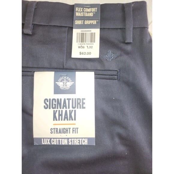NEW DOCKERS 36 x 32khaki pants dark navy NO IRON STRAIGHT FIT FLAT 100% COTTON - Picture 1 of 9